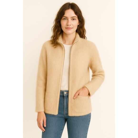 J.Crew Point Sur Womens Tan Fuzzy Mohair Full-Zip Cardigan Sweater Size M - Picture 1 of 7